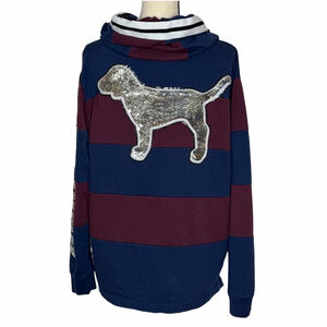 Victoria's Secret PINK Rugby Hoodie Medium Navy Burgundy Stripes